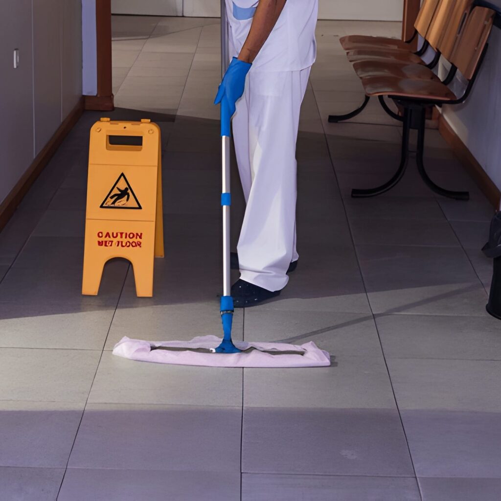 Medical office worker cleaning to ensure a safe, hygienic environment